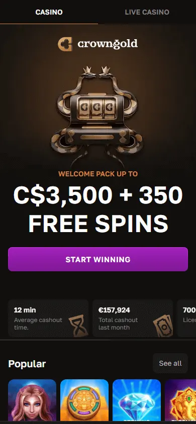 Crowngold Casino home view on a mobile browser