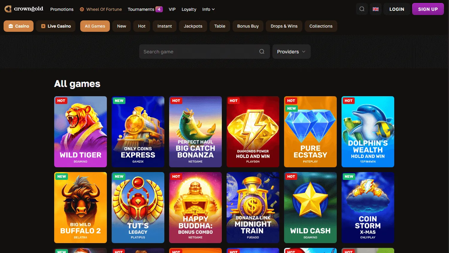 Crowngold Casino games view on desktop