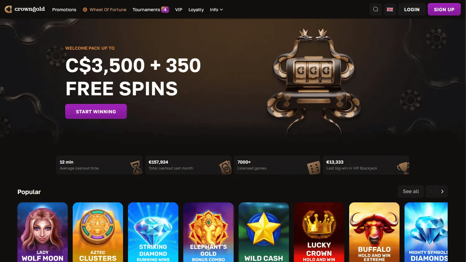 Crowngold Casino home view on desktop