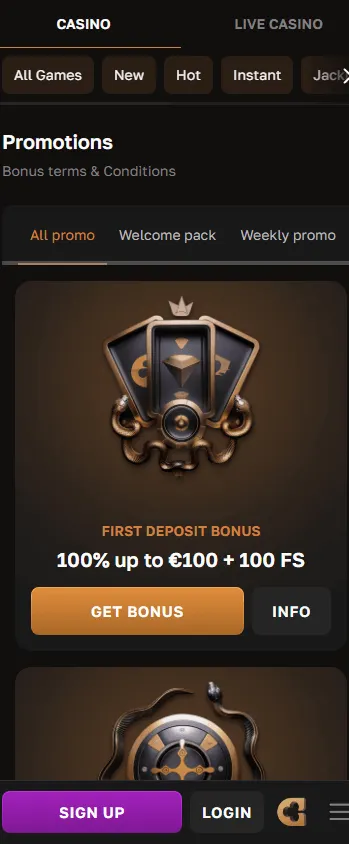 Crowngold Casino promotions view on a mobile browser