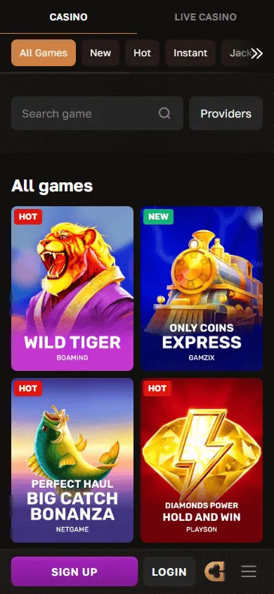 Crowngold Casino games view on a mobile browser